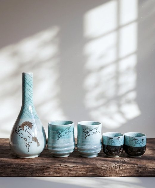 Celadon crackle sake set with a horse motif, from @obsidianandflame
