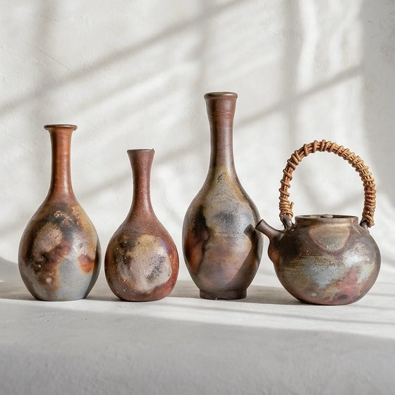 Wood-fired vases and a teapot with a bamboo handle, from @obsidianandflame