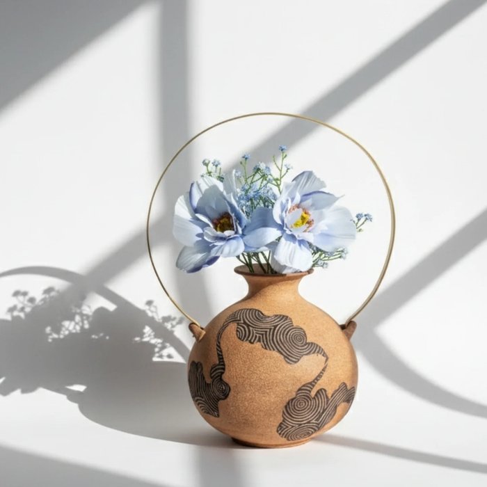 Forget-me-not arrangement in a hand-thrown vase with a brass hoop handle, from @obsidianandflame