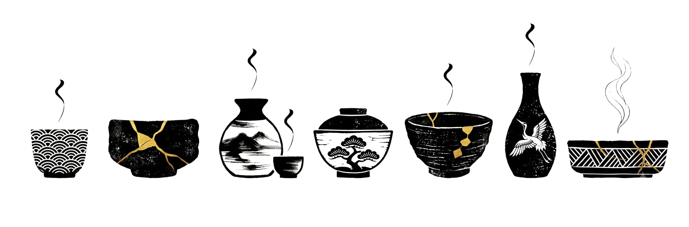 Illustrated row of Japanese pottery — cups, kintsugi bowls, sake bottles and chawan