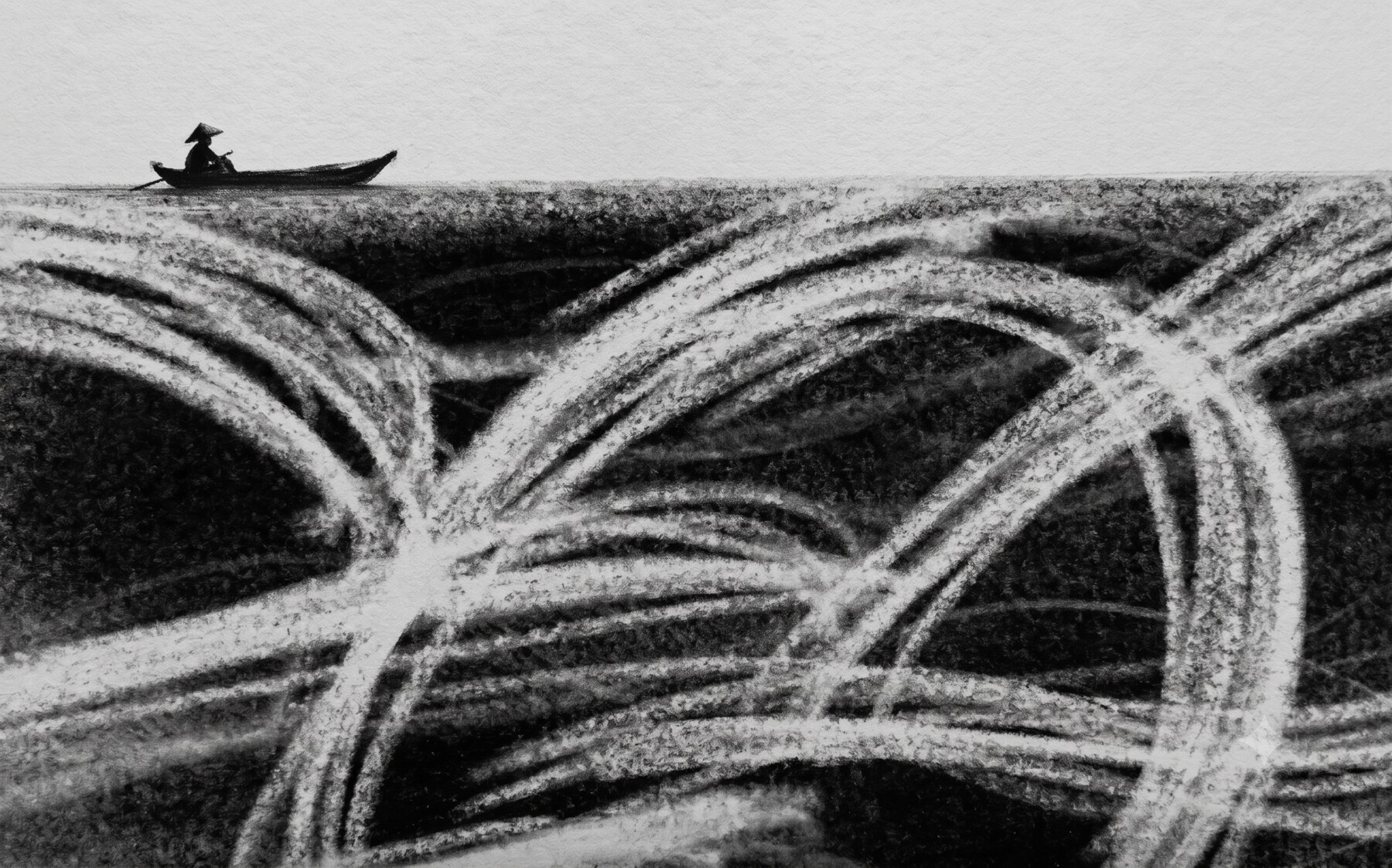 Ink illustration of a boatman crossing still water above a woven basket texture